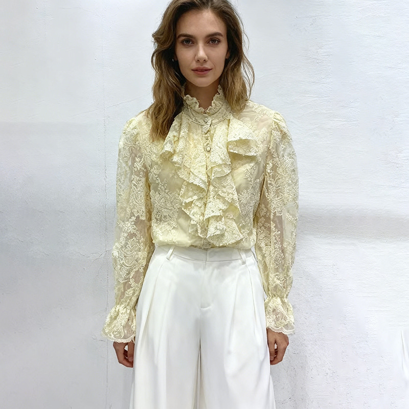 Long sleeve splice tops lotus leaf edges shirt for women