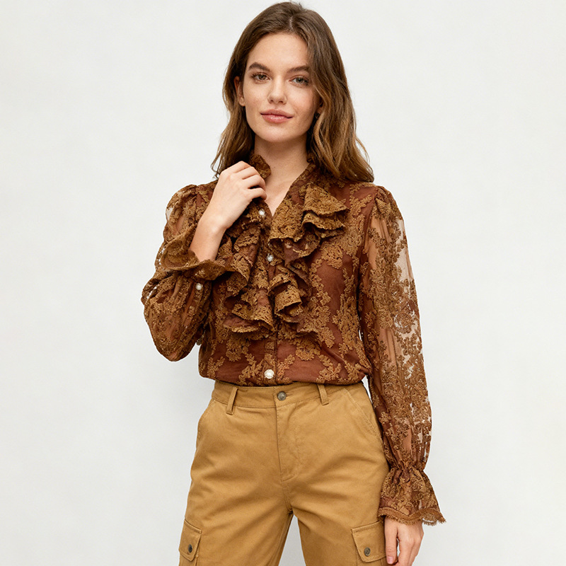 Long sleeve splice tops lotus leaf edges shirt for women