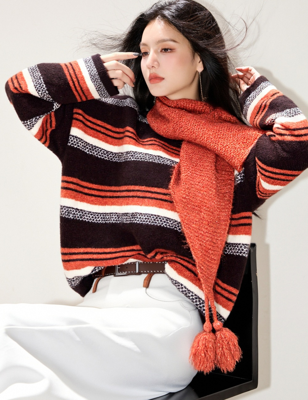 Retro loose lazy sweater winter Casual stripe tops