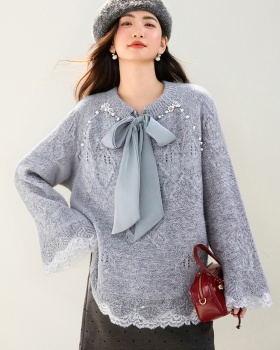 Beading splice tops lace sweater for women
