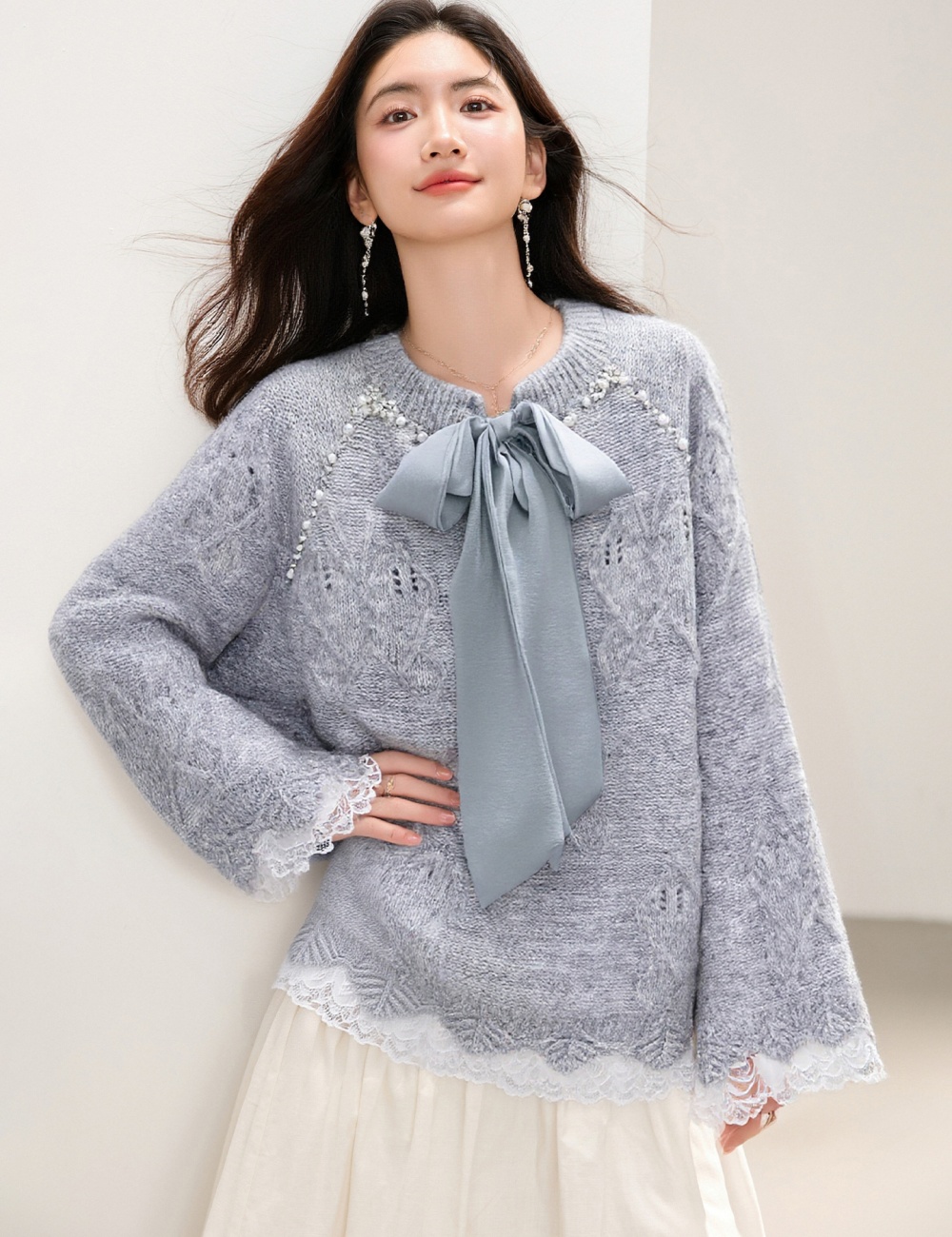 Beading splice tops lace sweater for women