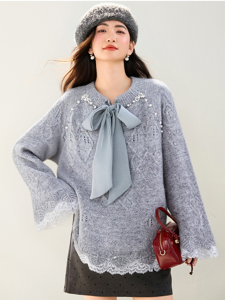 Beading splice tops lace sweater for women