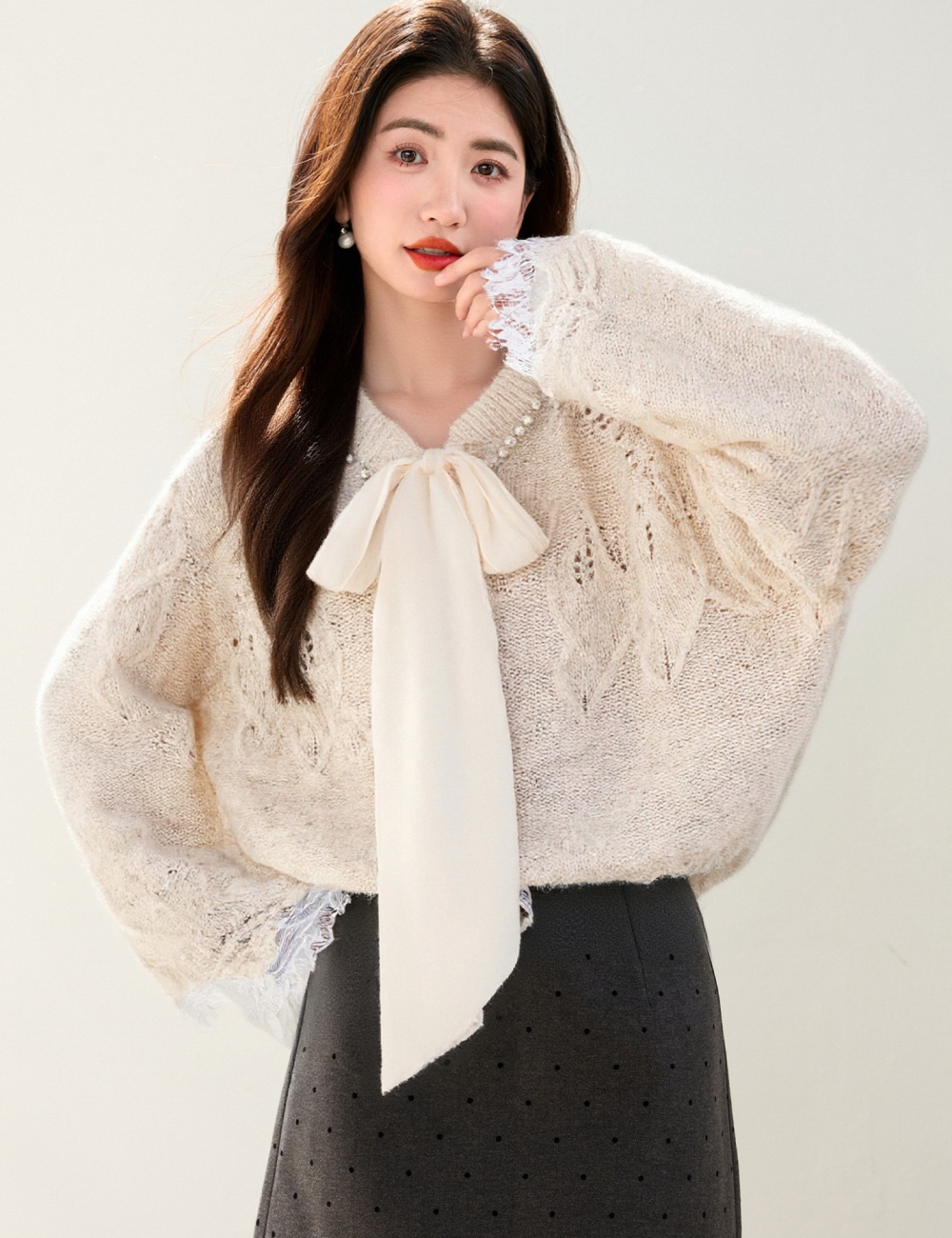 Beading splice tops lace sweater for women