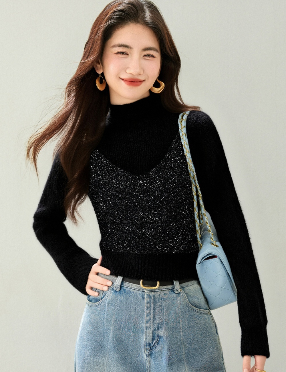 Thick splice tops half high collar sweater for women