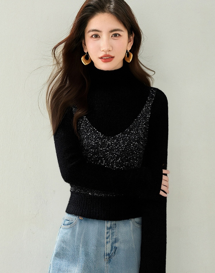 Thick splice tops half high collar sweater for women