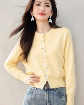 Tender pearl buckle sweater bow knitted cardigan for women