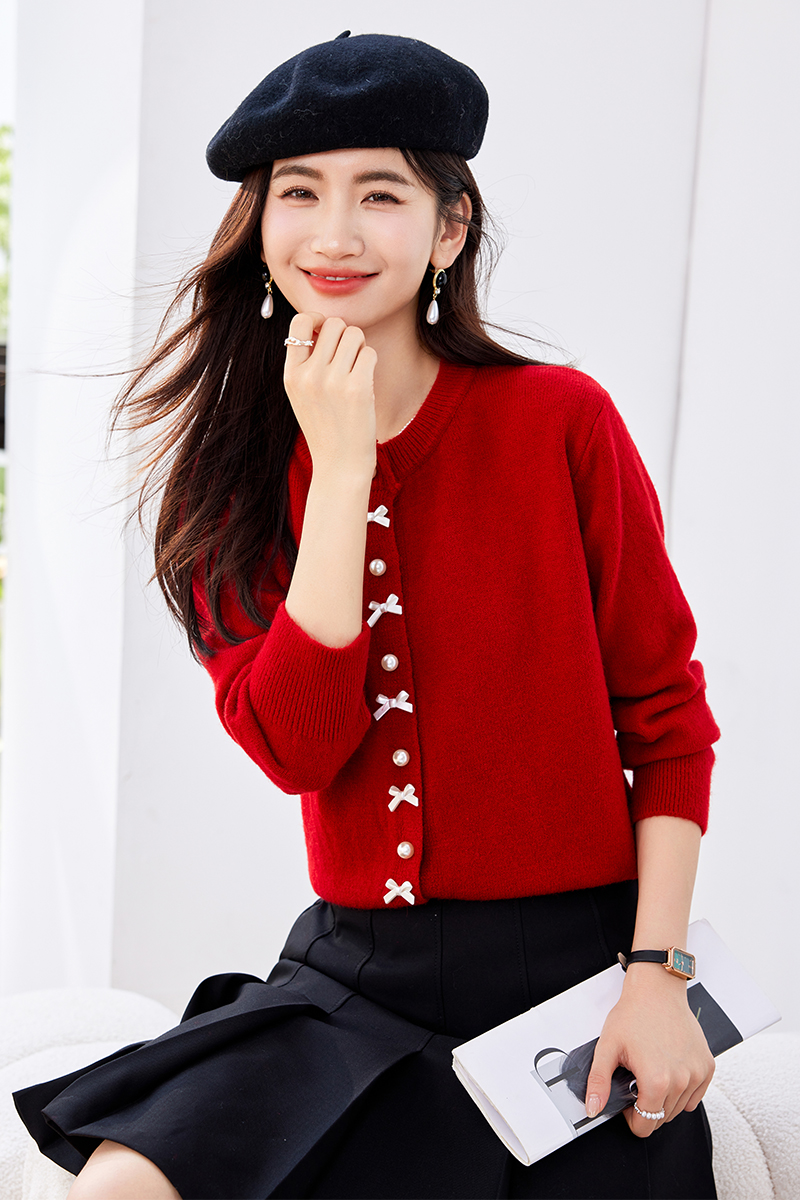 Tender pearl buckle sweater bow knitted cardigan for women