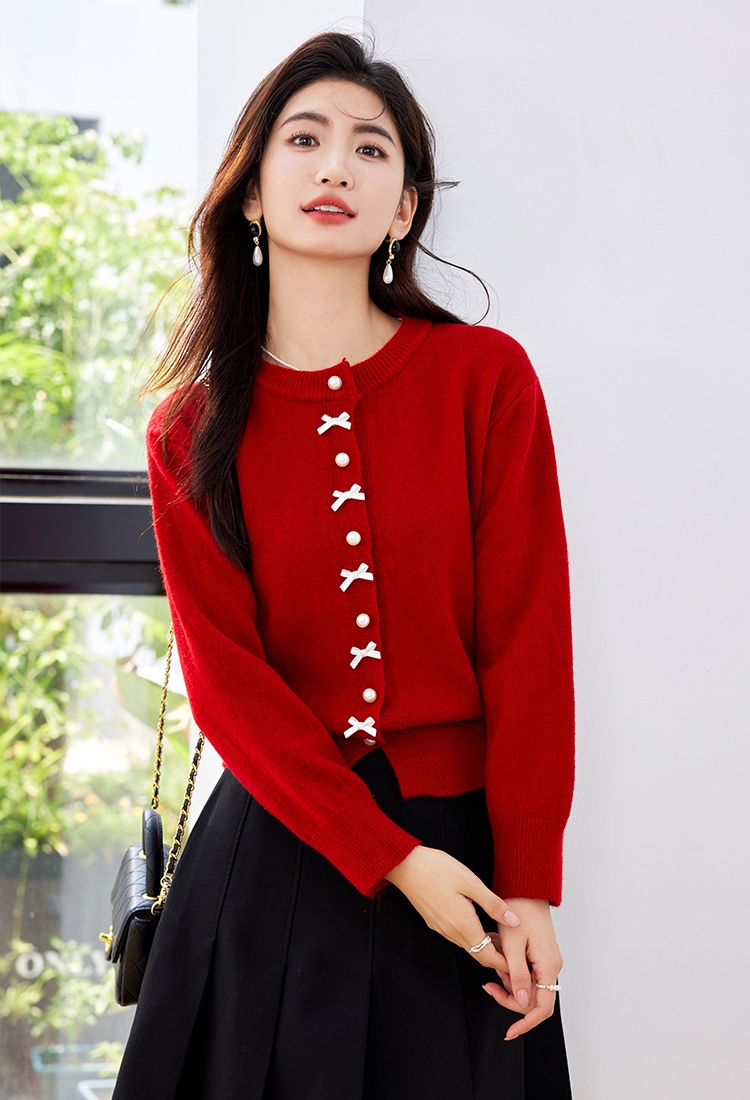 Tender pearl buckle sweater bow knitted cardigan for women