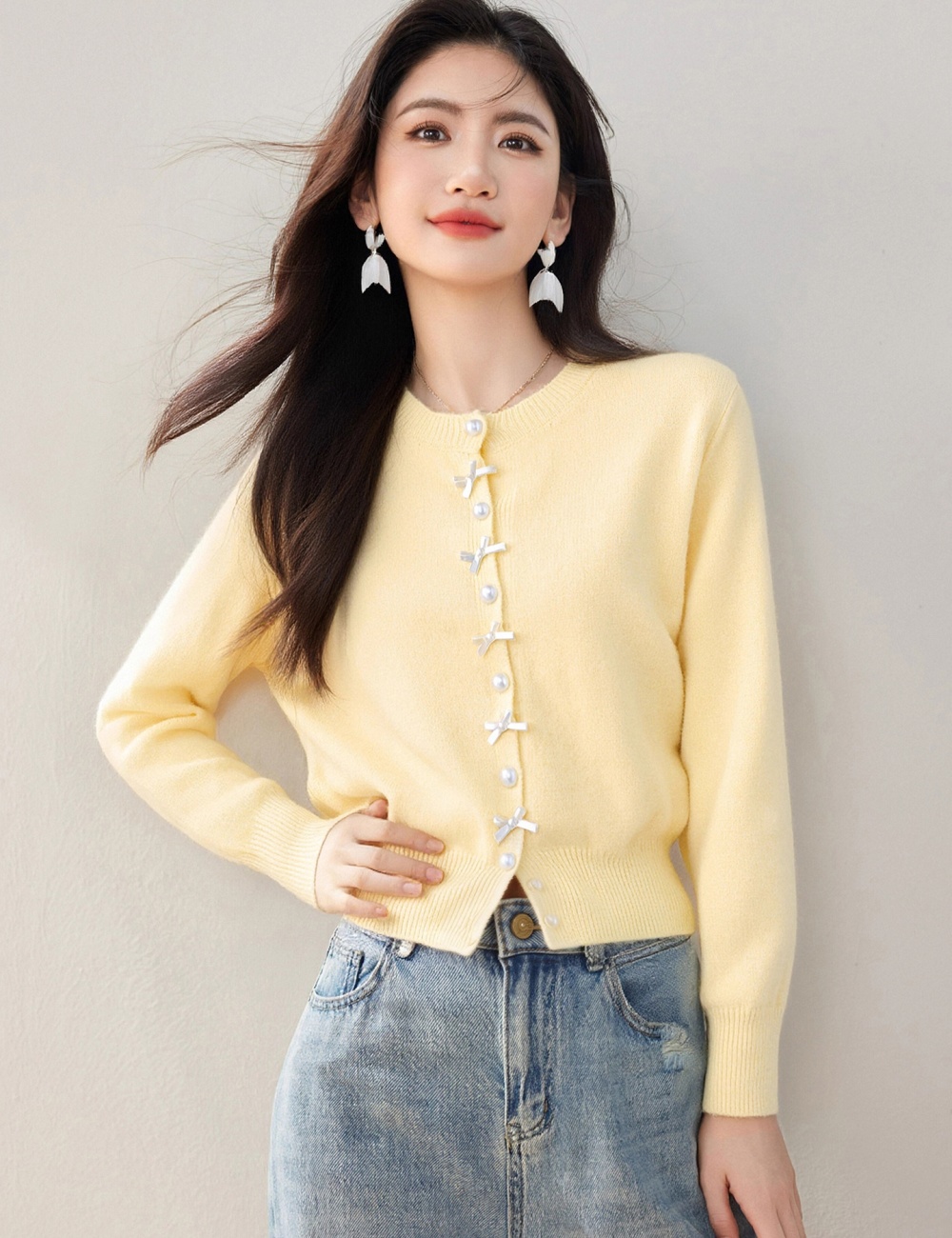 Tender pearl buckle sweater bow knitted cardigan for women