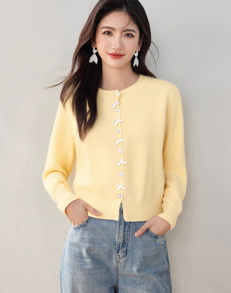 Tender pearl buckle sweater bow knitted cardigan for women