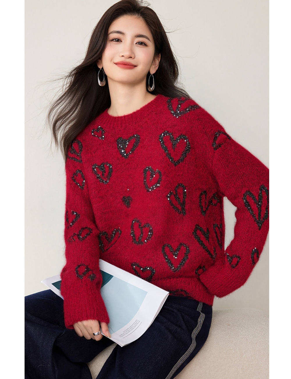 Temperament heart sweater autumn and winter all-match tops