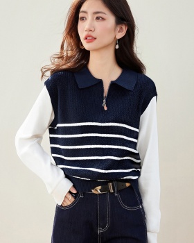 Stripe Pseudo-two sweater all-match half zip tops