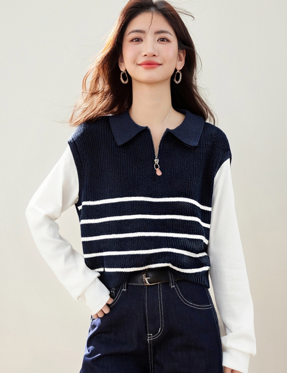 Stripe Pseudo-two sweater all-match half zip tops