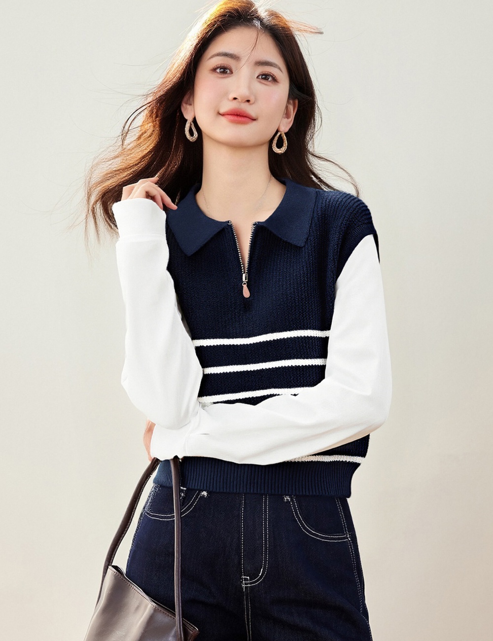 Stripe Pseudo-two sweater all-match half zip tops