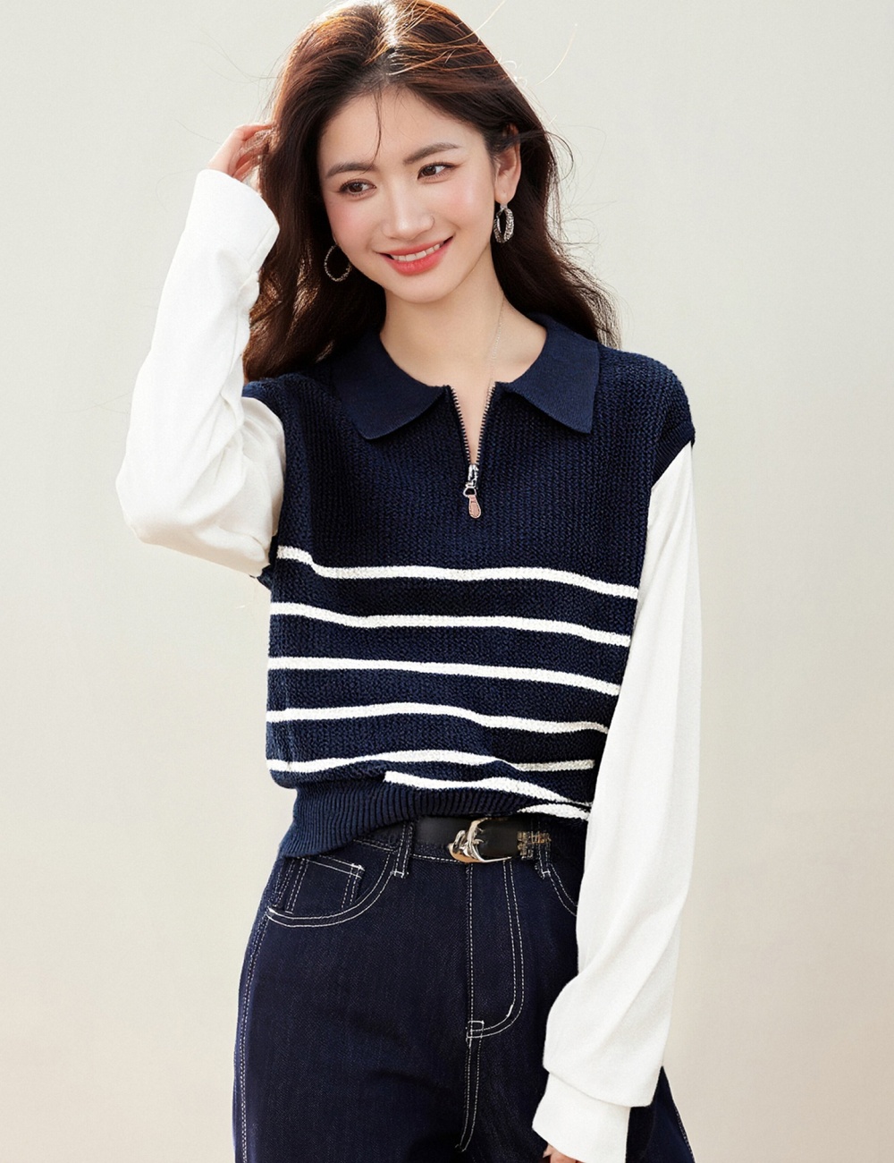 Stripe Pseudo-two sweater all-match half zip tops