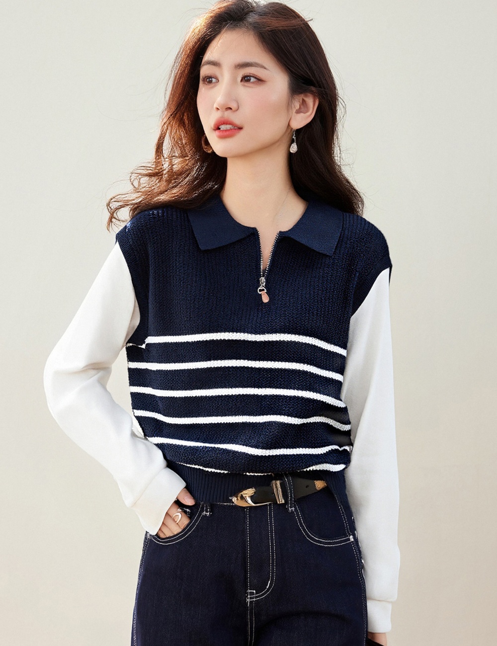 Stripe Pseudo-two sweater all-match half zip tops