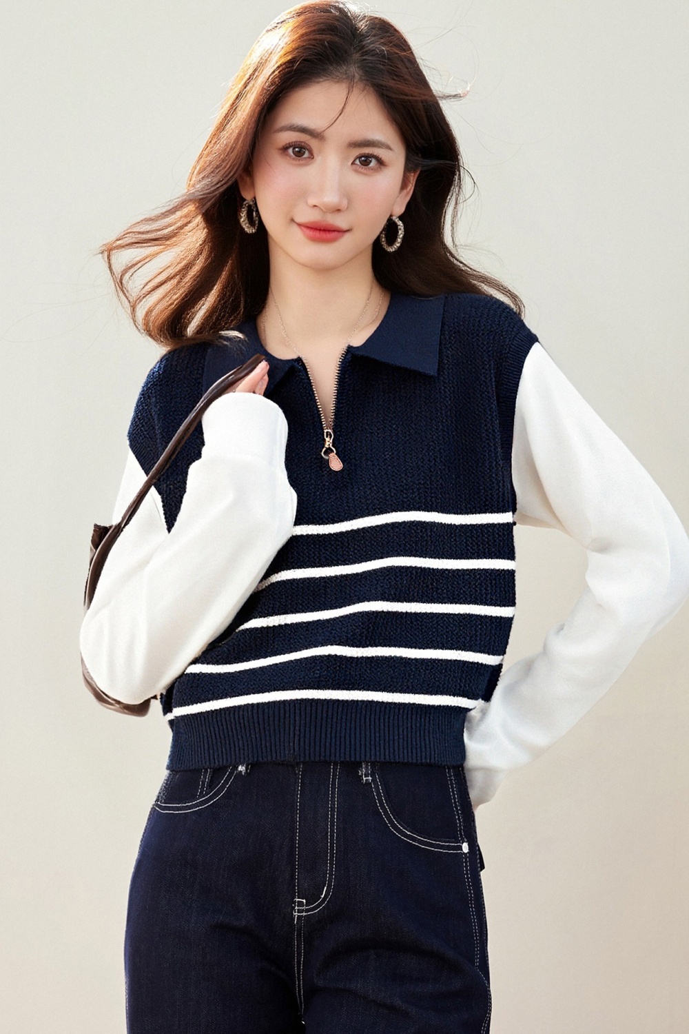 Stripe Pseudo-two sweater all-match half zip tops