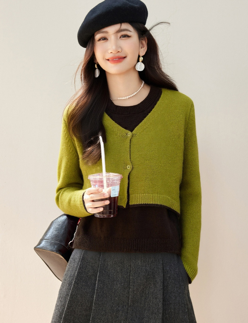 Retro mixed colors Pseudo-two splice sweater for women