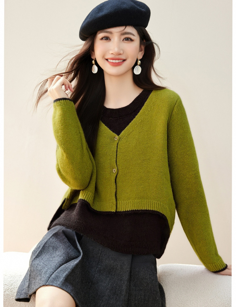 Retro mixed colors Pseudo-two splice sweater for women