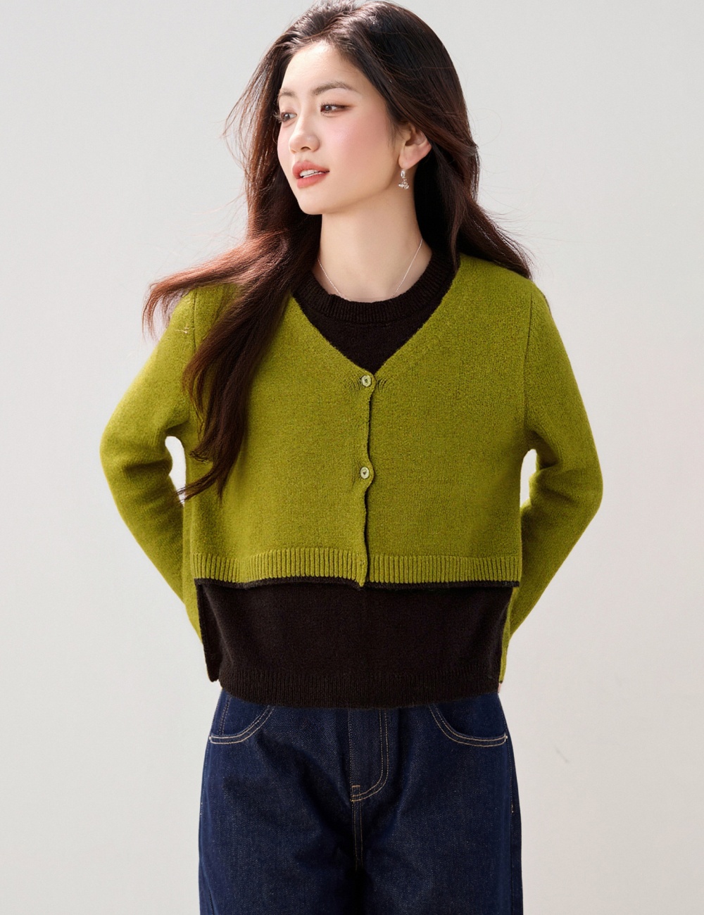 Retro mixed colors Pseudo-two splice sweater for women