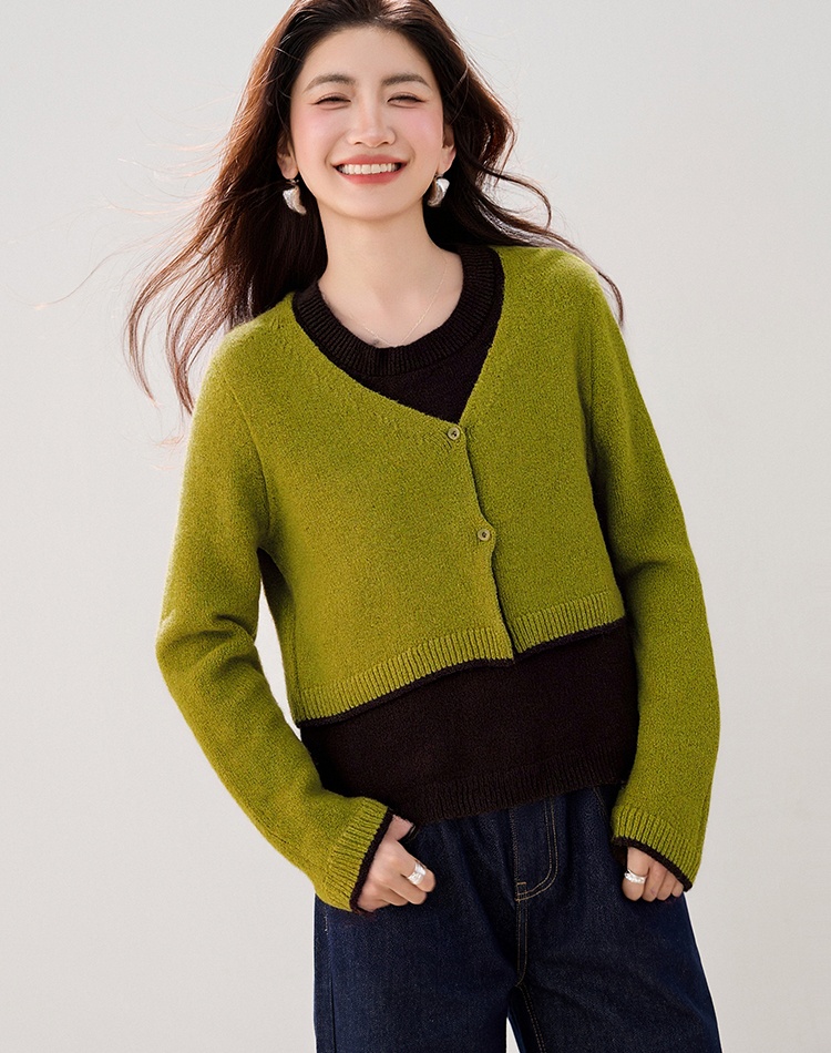 Retro mixed colors Pseudo-two splice sweater for women