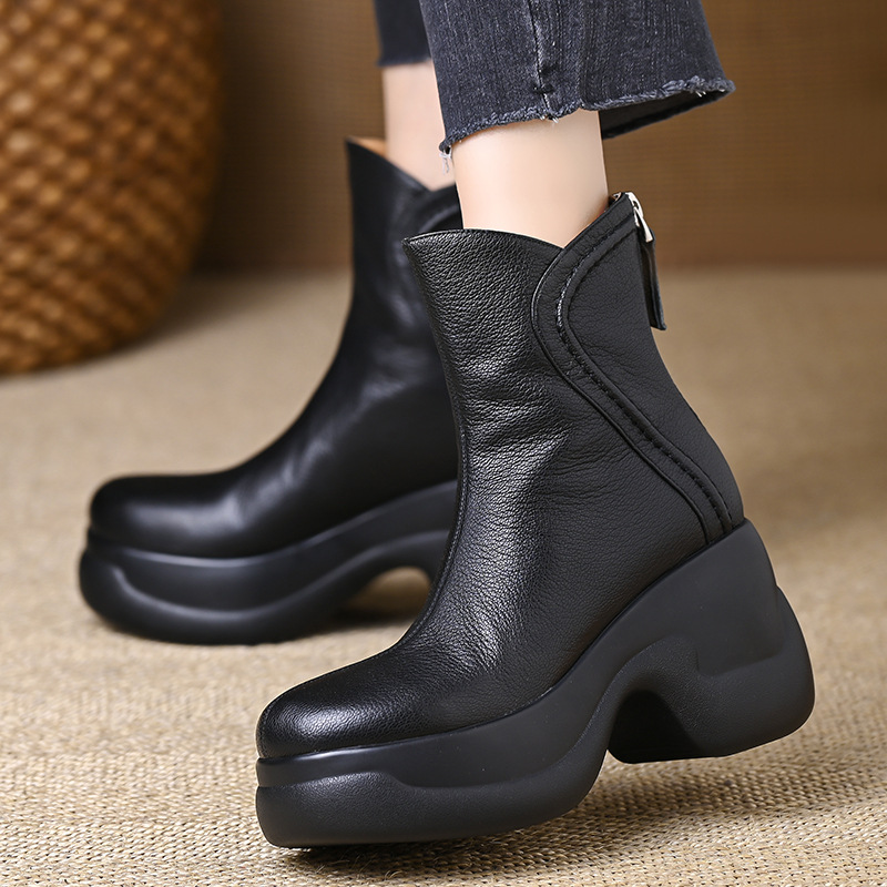 After the zipper round short boots slipsole boots for women
