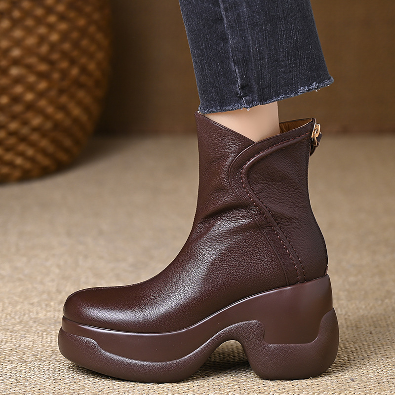 After the zipper round short boots slipsole boots for women