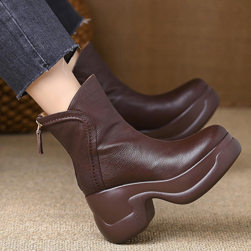 After the zipper round short boots slipsole boots for women