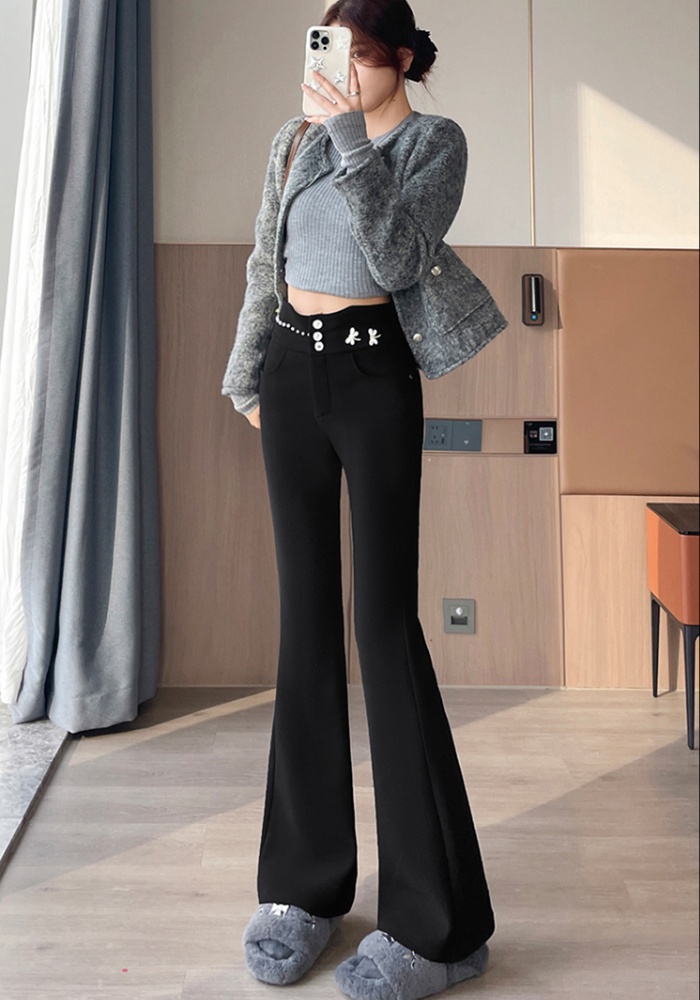 Black rhinestone autumn and winter high waist pants