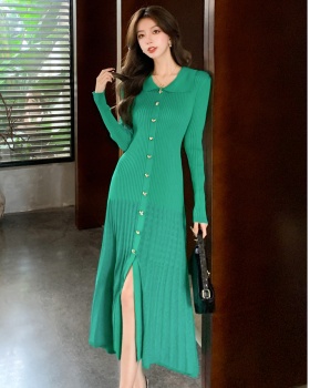Slim long sleeve V-neck dress green knitted long dress
