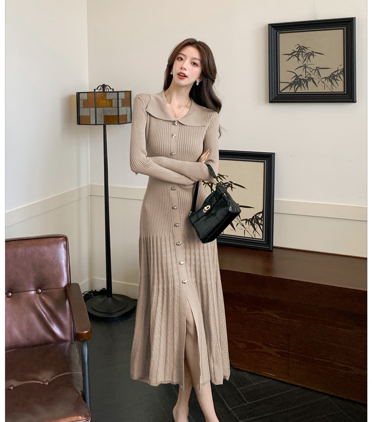 Slim long sleeve V-neck dress green knitted long dress