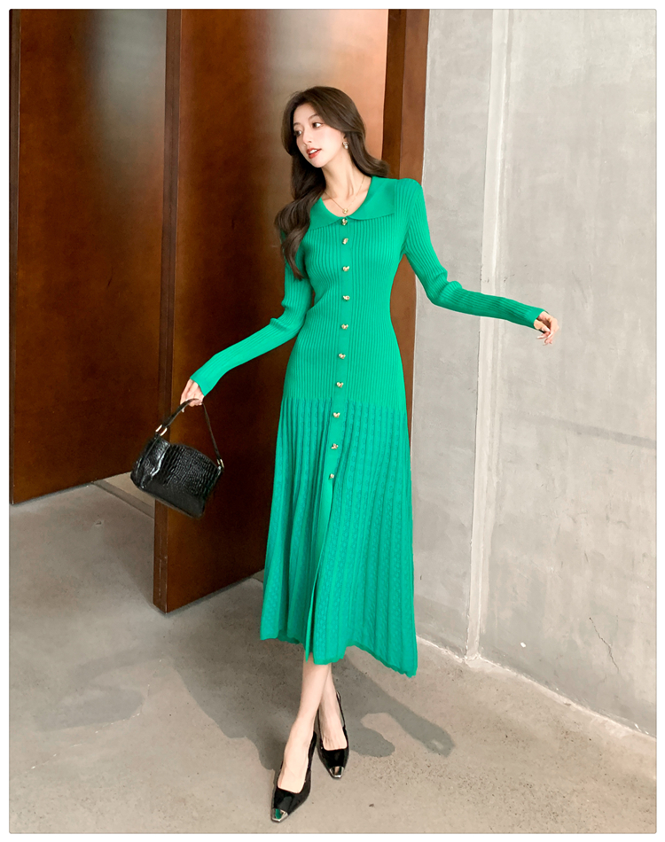 Slim long sleeve V-neck dress green knitted long dress