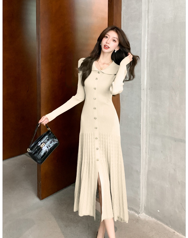 Slim long sleeve V-neck dress green knitted long dress