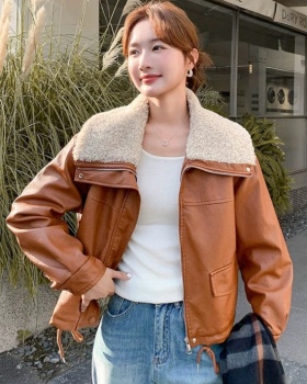 Loose thick leather coat large lapel lambs wool coat