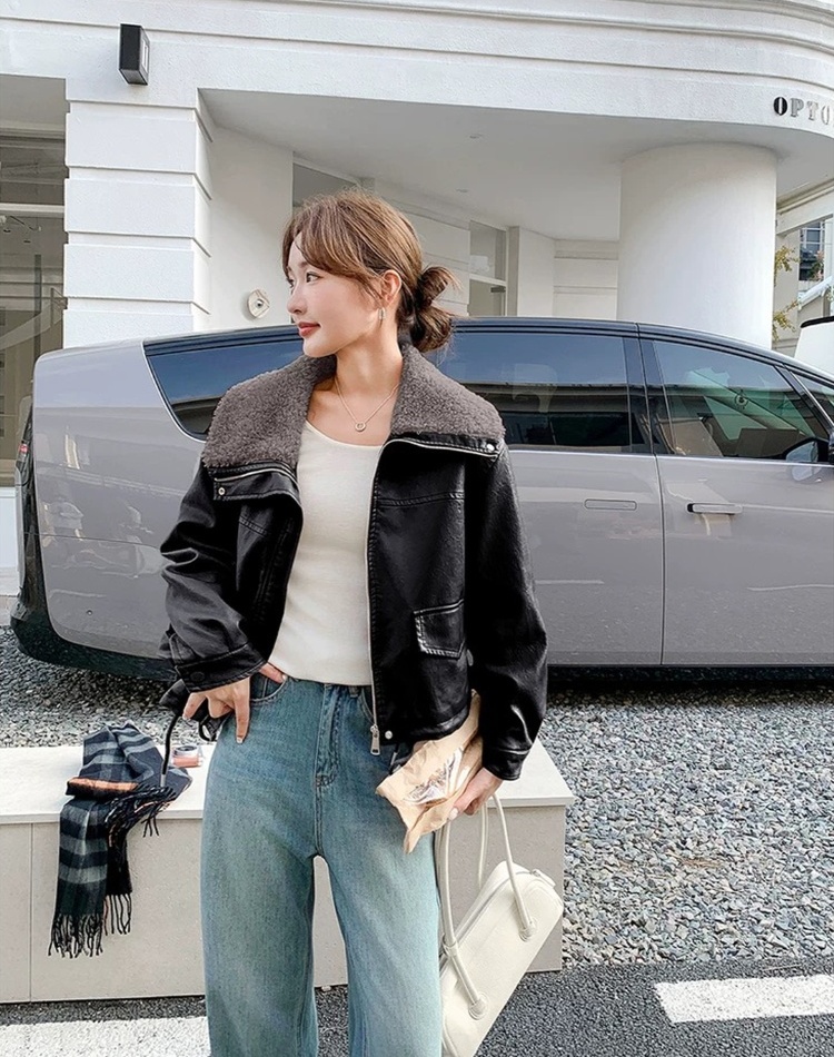 Loose thick leather coat large lapel lambs wool coat