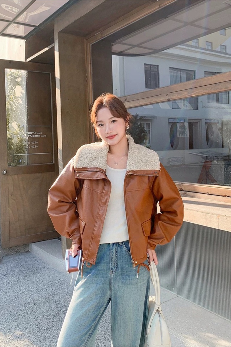 Loose thick leather coat large lapel lambs wool coat