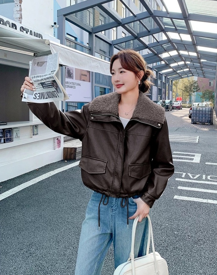 Loose thick leather coat large lapel lambs wool coat