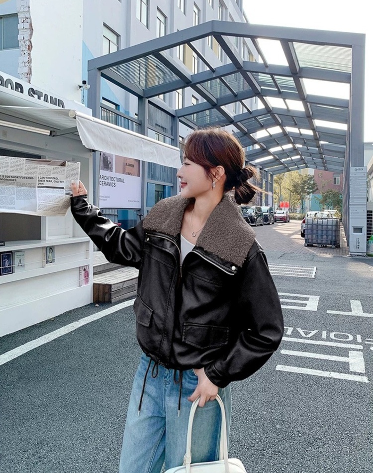 Loose thick leather coat large lapel lambs wool coat