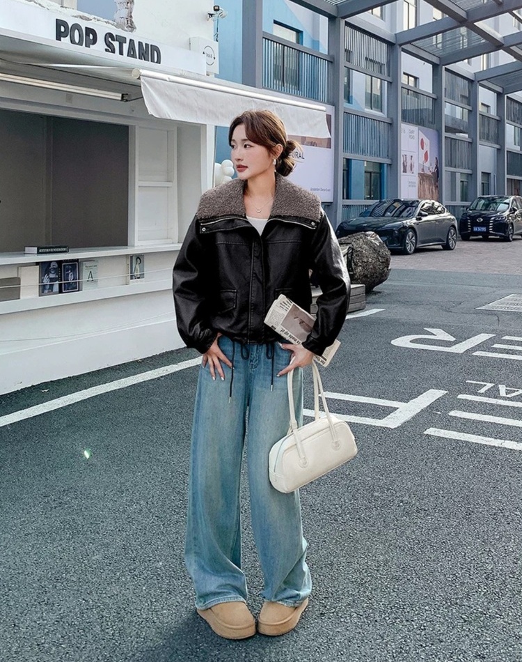 Loose thick leather coat large lapel lambs wool coat