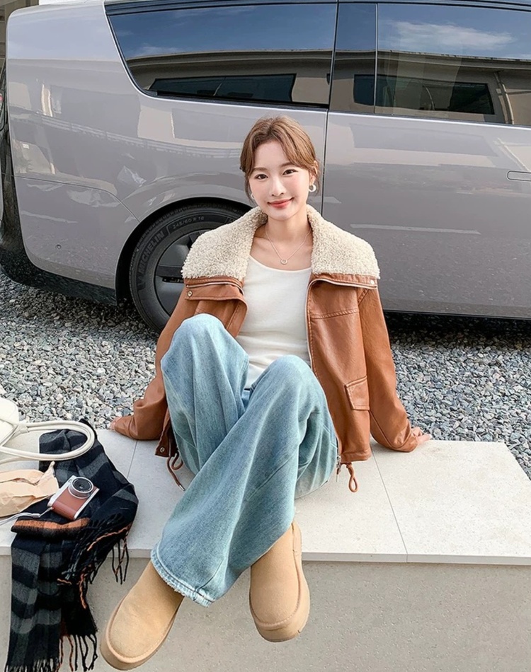 Loose thick leather coat large lapel lambs wool coat