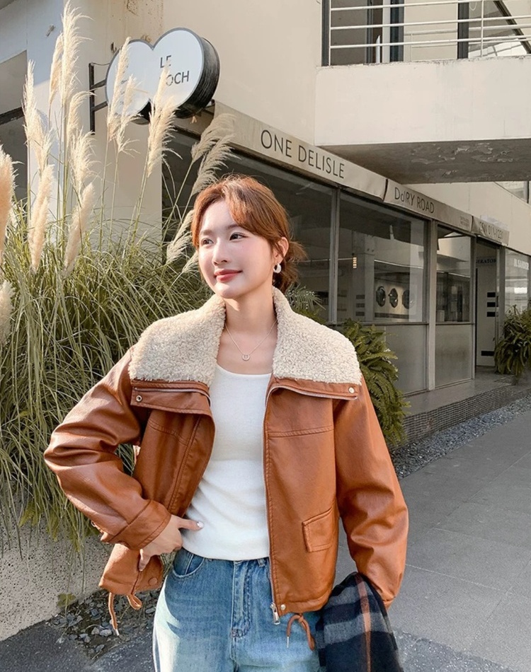 Loose thick leather coat large lapel lambs wool coat