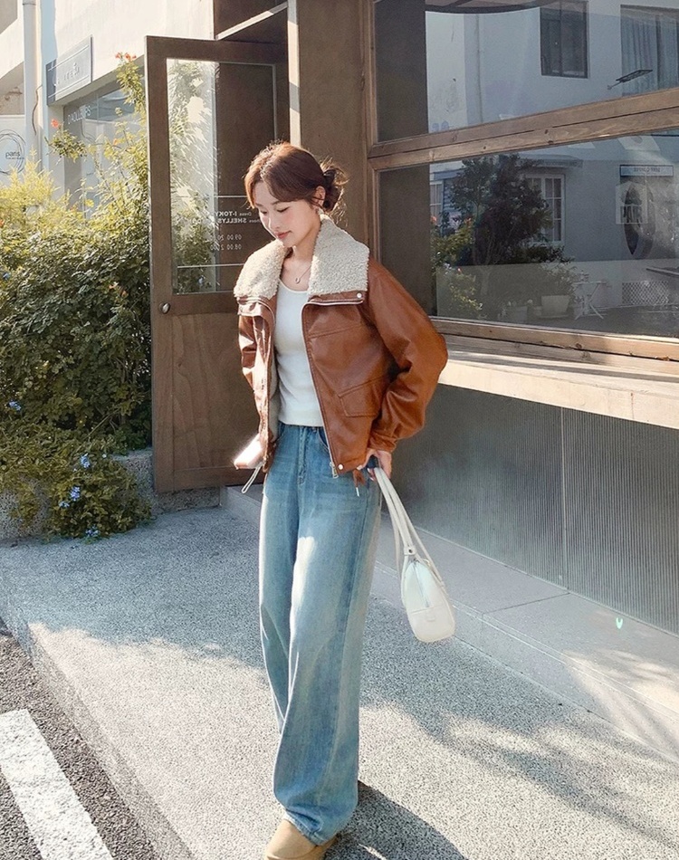 Loose thick leather coat large lapel lambs wool coat