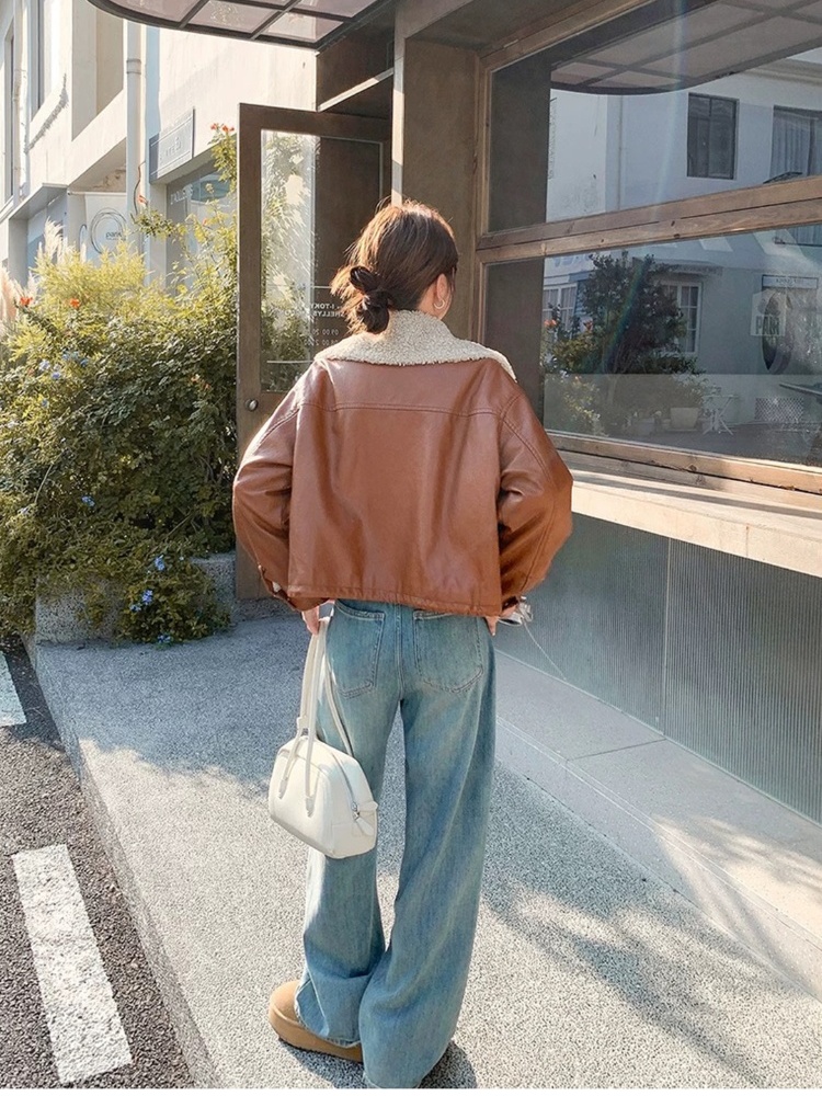 Loose thick leather coat large lapel lambs wool coat