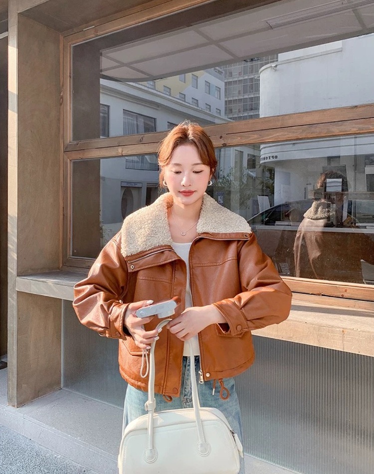 Loose thick leather coat large lapel lambs wool coat