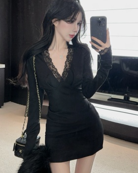 Temperament V-neck lace enticement knitted dress for women