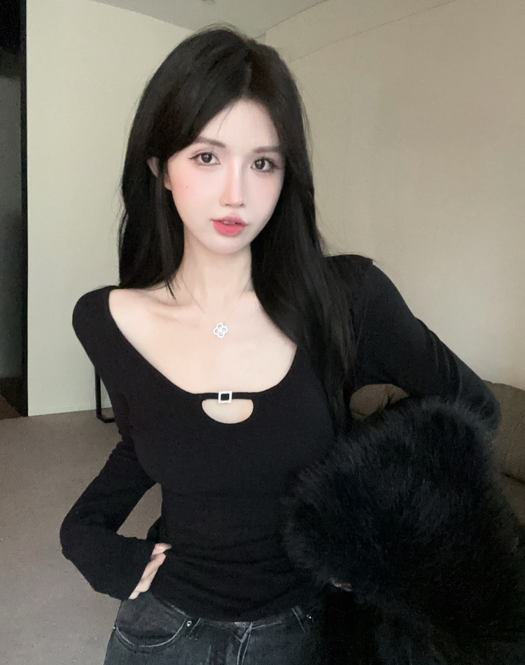 Enticement U-neck all-match T-shirt slim curve tops