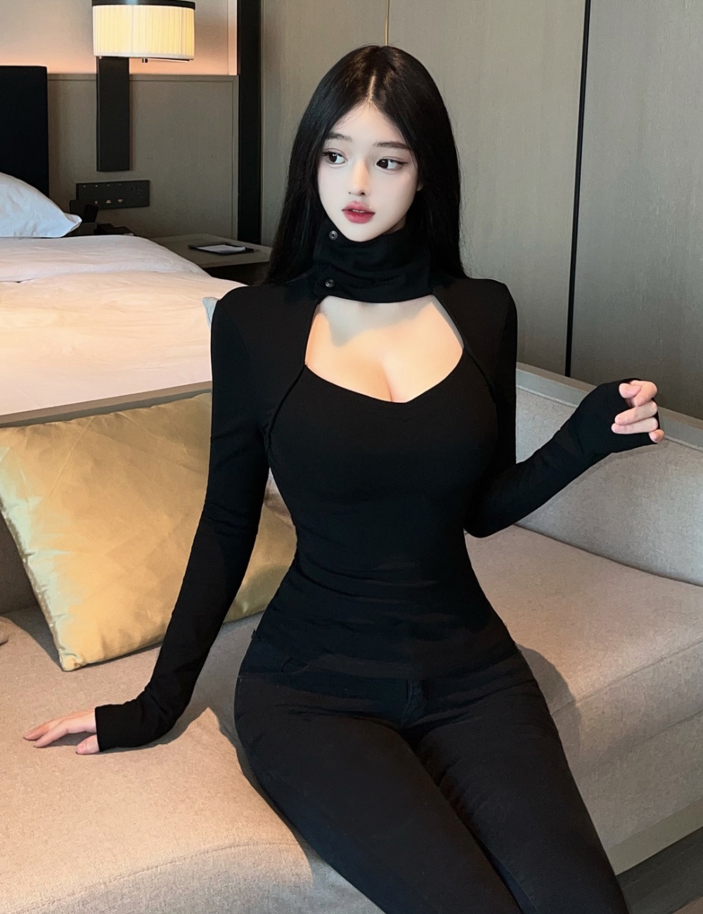 High collar bottoming shirt hollow T-shirt for women