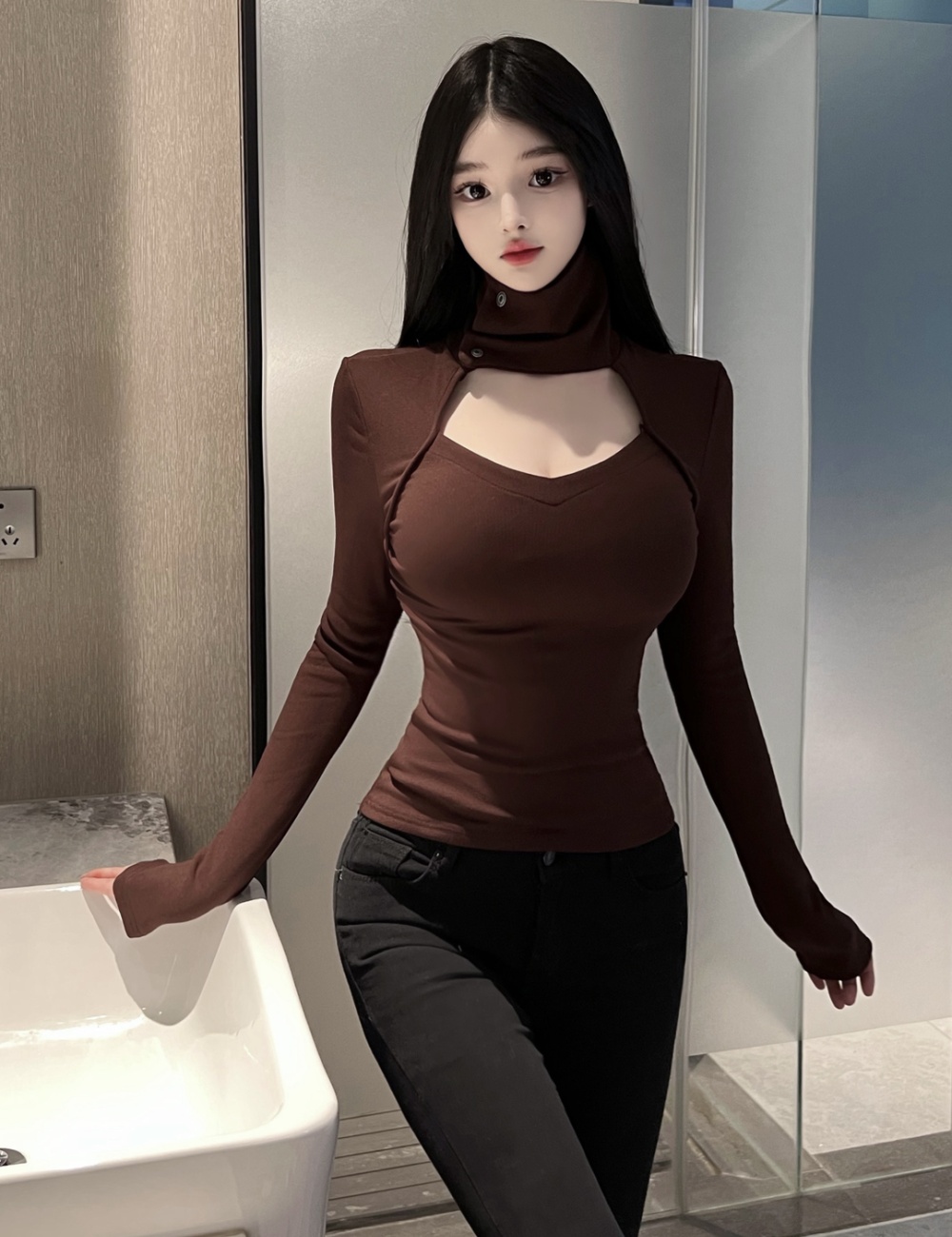 High collar bottoming shirt hollow T-shirt for women