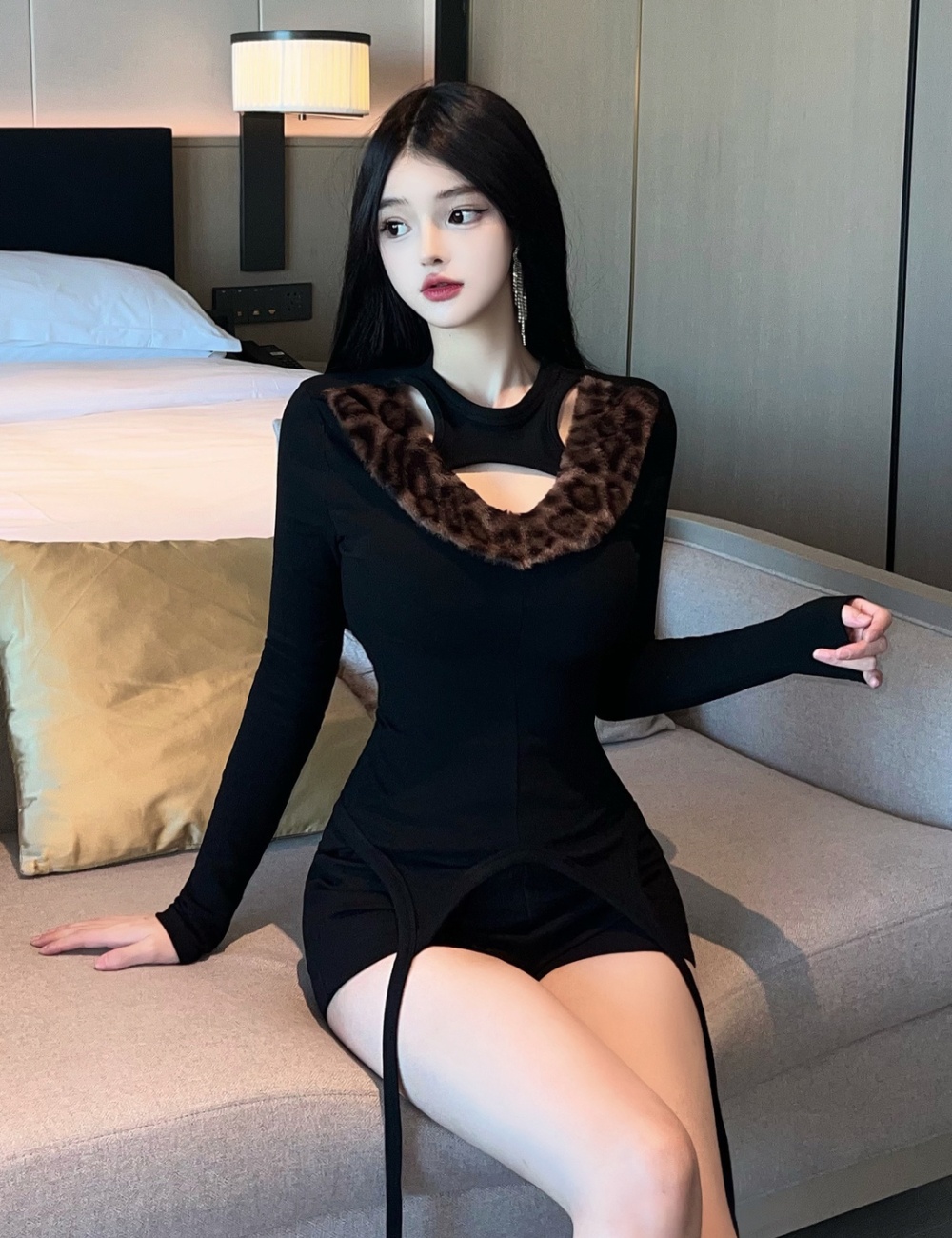 Slim bottoming T-shirt fur collar tops for women