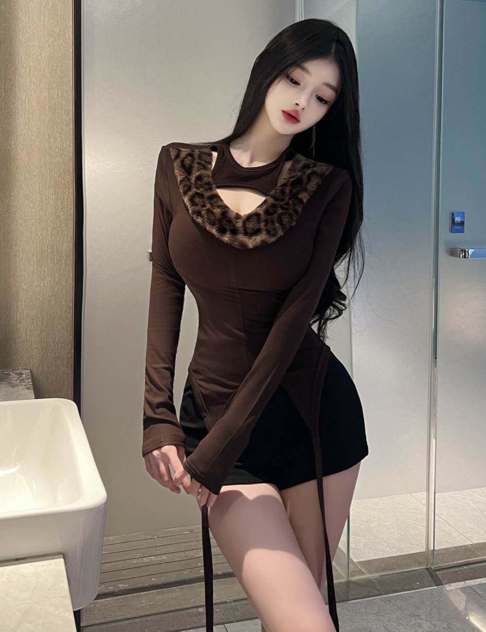 Slim bottoming T-shirt fur collar tops for women